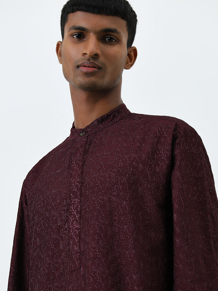 Mens Ethnicwear Wine Embroidered Cotton Kurta