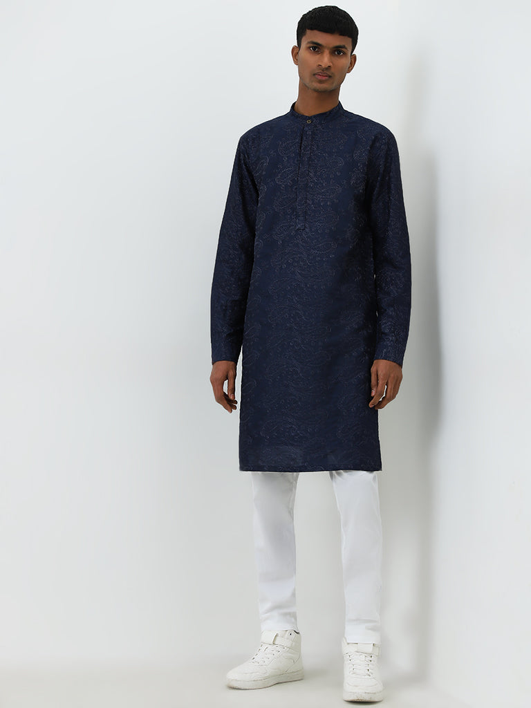 Mens Ethnicwear Navy Embroidered Cotton Kurta