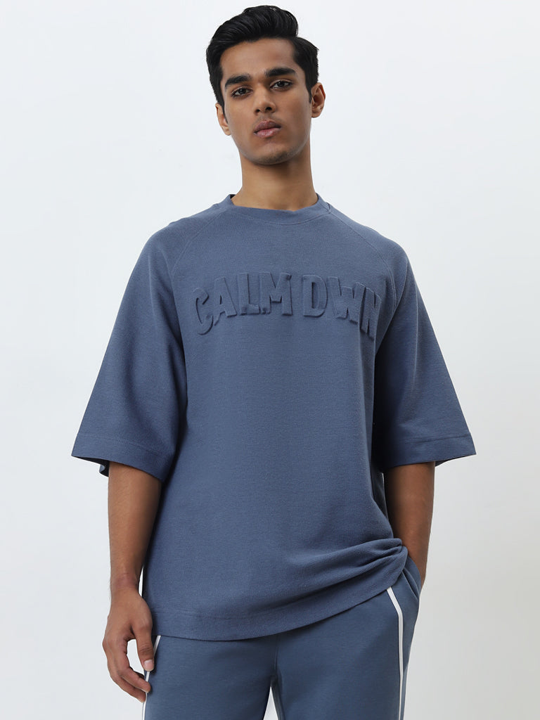 Studiofit Dusty Blue Embossed Relaxed-Fit Cotton T-Shirt