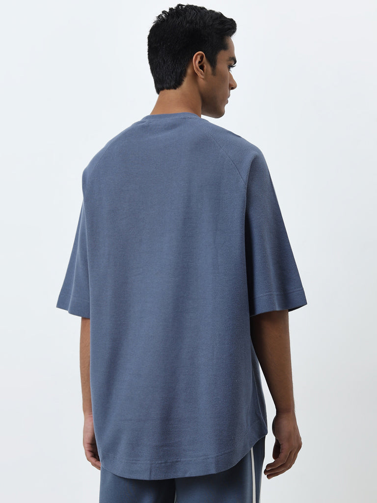 Studiofit Dusty Blue Embossed Relaxed-Fit Cotton T-Shirt