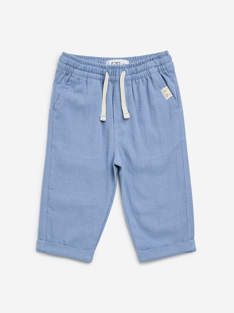 HOP Baby Blue Solid Mid-Rise Cotton Trousers