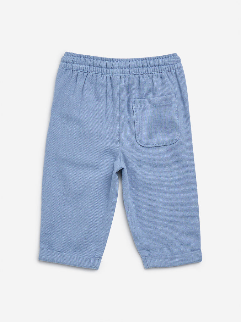 HOP Baby Blue Solid Mid-Rise Cotton Trousers