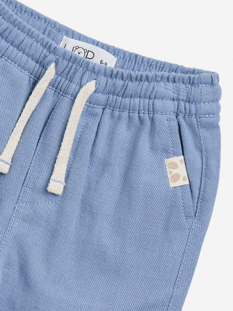 HOP Baby Blue Solid Mid-Rise Cotton Trousers