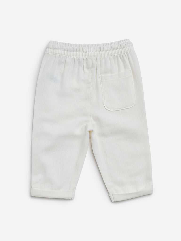 HOP Baby Off-White Solid Mid-Rise Cotton Trousers