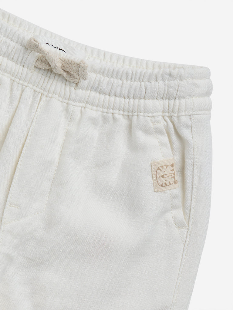 HOP Baby Off-White Solid Mid-Rise Cotton Trousers