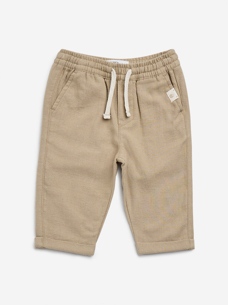 HOP Baby Beige Solid Mid-Rise Cotton Trousers