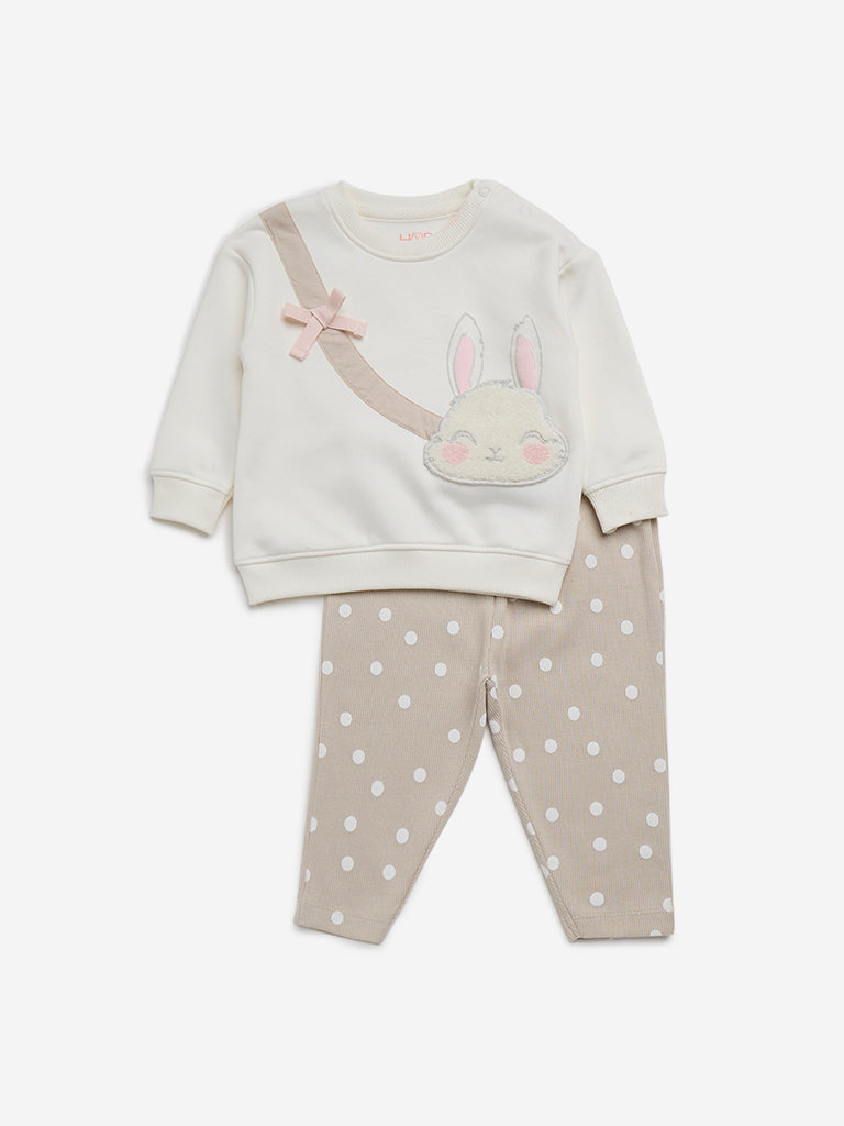 HOP Baby Beige Printed Cotton T-Shirt and Pants Set