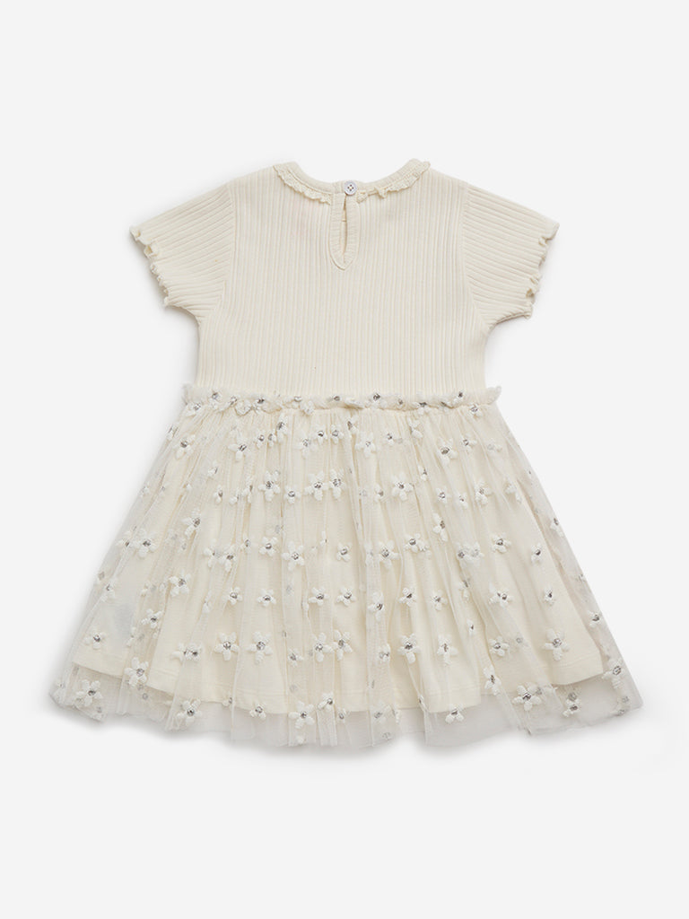 HOP Baby Off-White Floral Embroidered A-Line Dress