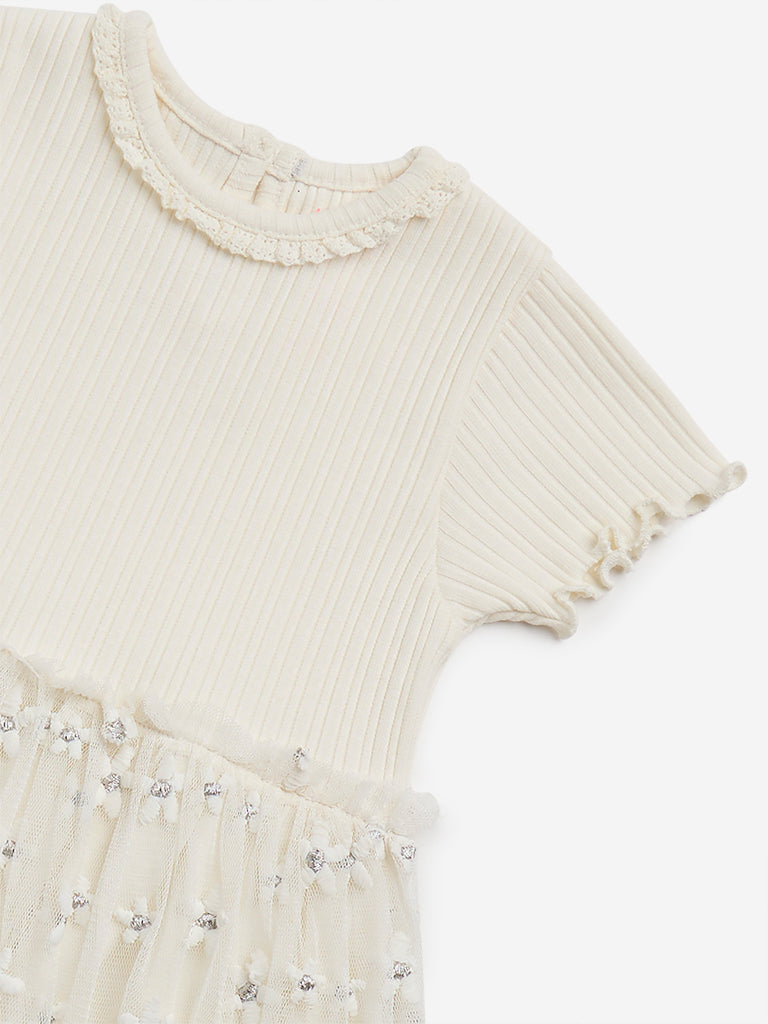 HOP Baby Off-White Floral Embroidered A-Line Dress