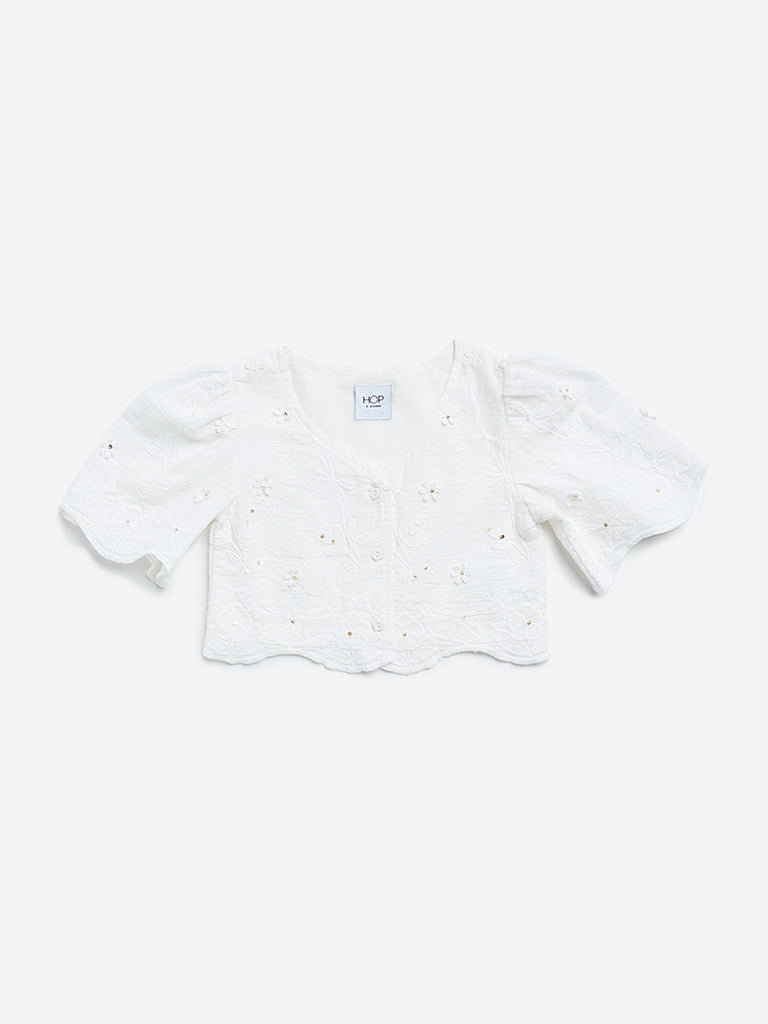 HOP Kids White Floral Embroidered Cotton Crop Shirt