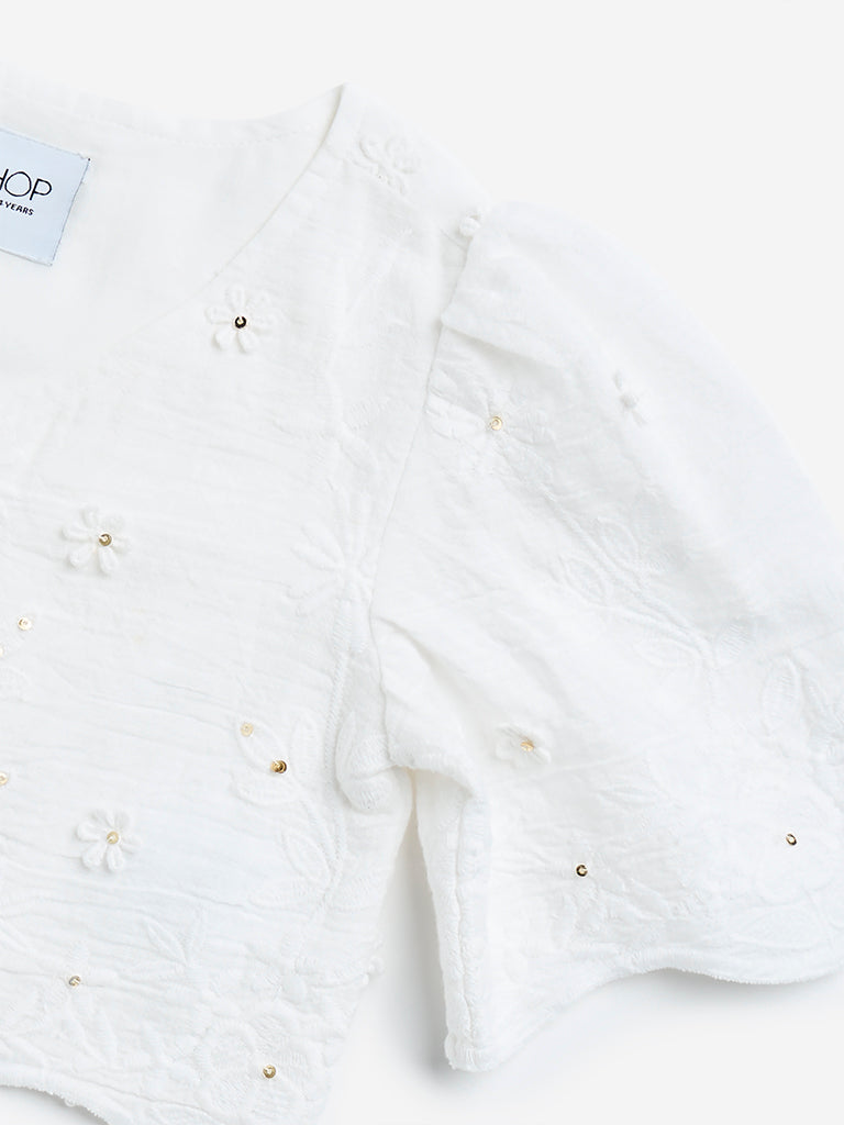 HOP Kids White Floral Embroidered Cotton Crop Shirt