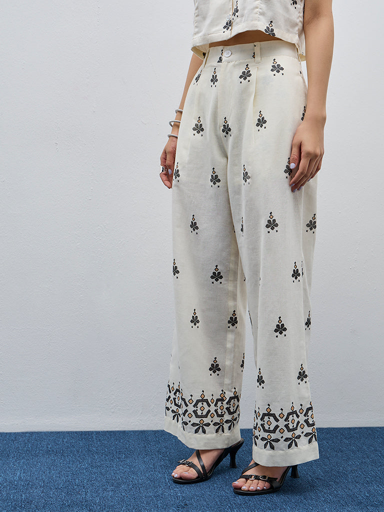 Bombay Paisley Off-White Print High-Rise Cotton Blend Pants