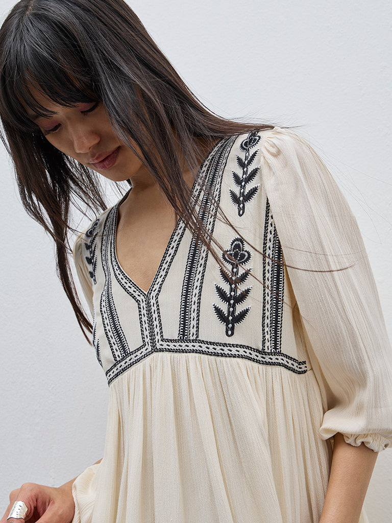 Bombay Paisley Off-White Embroidered Tiered Dress