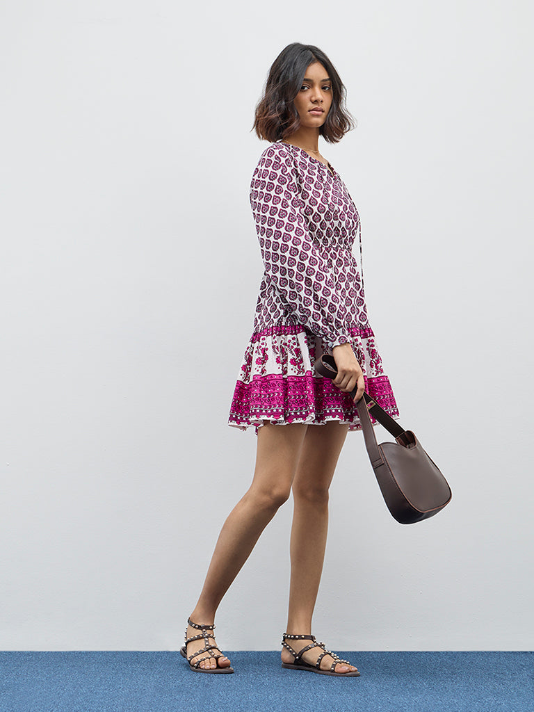 Bombay Paisley Dark Pink Printed Cotton Tiered Dress