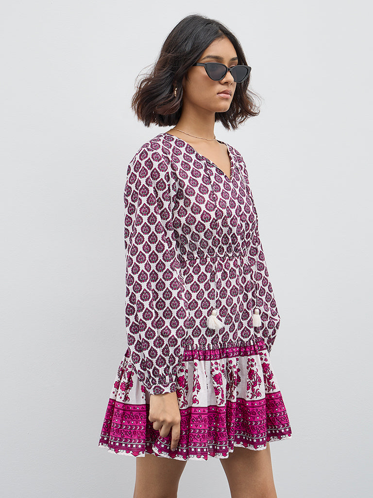 Bombay Paisley Dark Pink Printed Cotton Tiered Dress