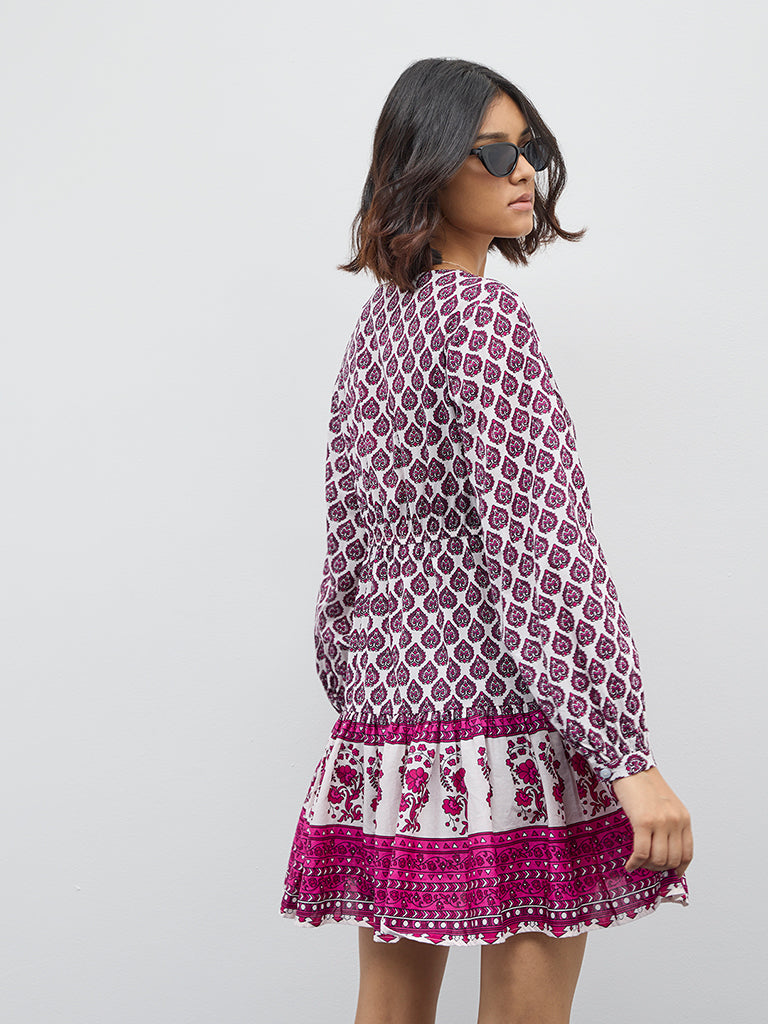 Bombay Paisley Dark Pink Printed Cotton Tiered Dress