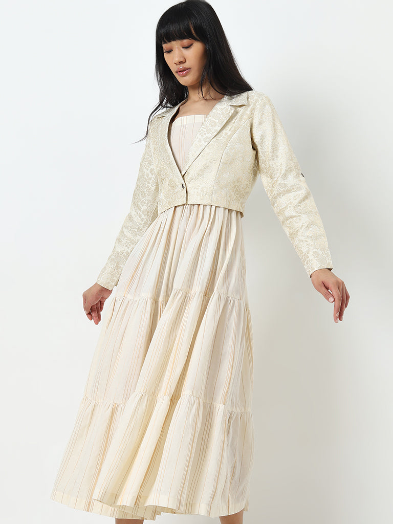 Bombay Paisley Off-White Striped Tiered Dress with Jacket