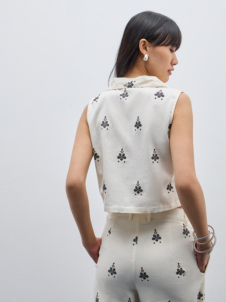 Bombay Paisley Off-White Cotton Blend Waistcoat-Style Top