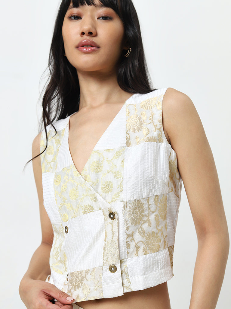 Bombay Paisley Off-White Floral Printed Waistcoat-Style Top