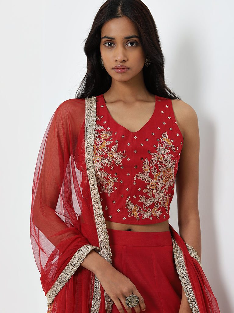 Vark Red Floral Embroidered Choli, Ghagra and Dupatta Set