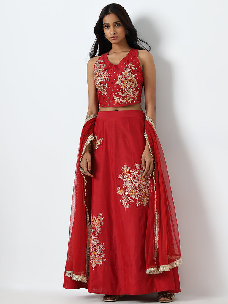 Vark Red Floral Embroidered Choli, Ghagra and Dupatta Set