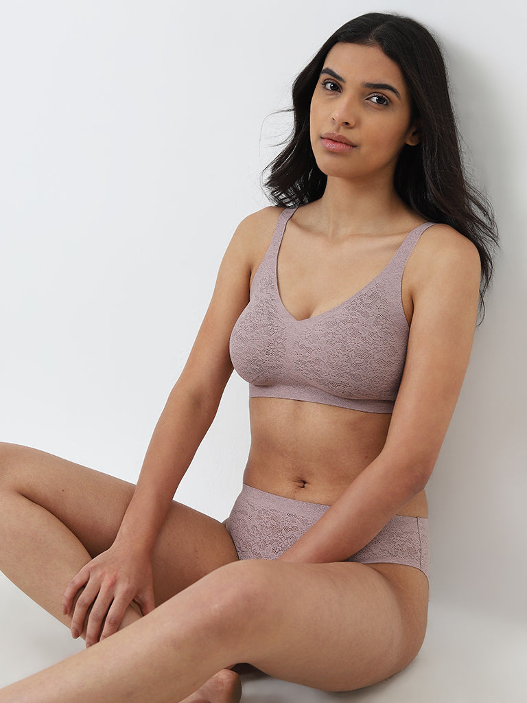 Wunderlove Light Pink Invisible Lace Cotton-Blend Full Coverage Bra