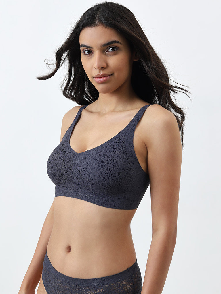 Wunderlove Grey Padded Invisible Lace Full Coverage Bra