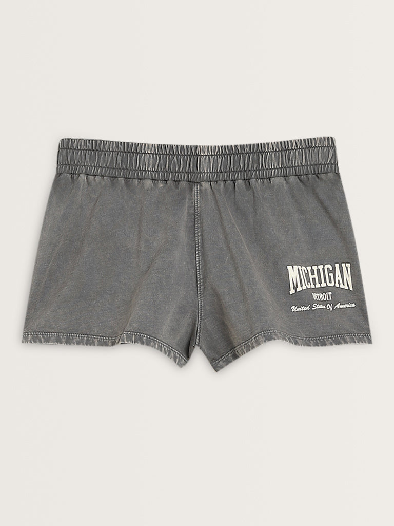 Superstar Grey Text Printed High-Rise Cotton Shorts