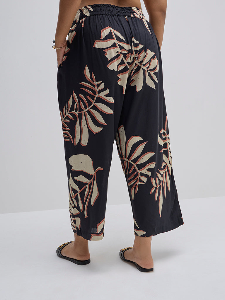 Diza Black Leaf Printed High-Rise Ethnic Pants