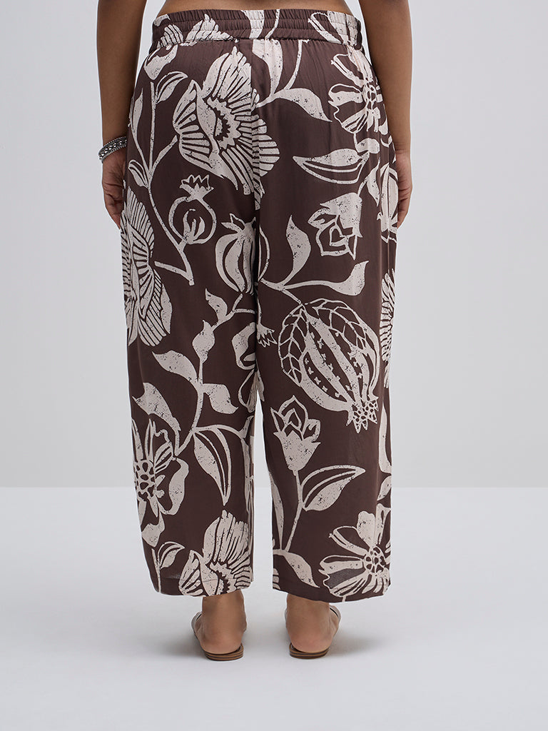 Diza Brown Floral Design High-Rise Ethnic Pants