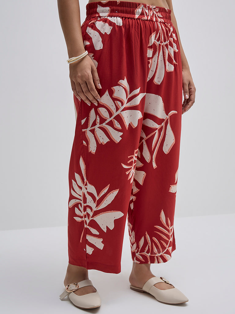 Diza Red Leaf Printed High-Rise Ethnic Pants