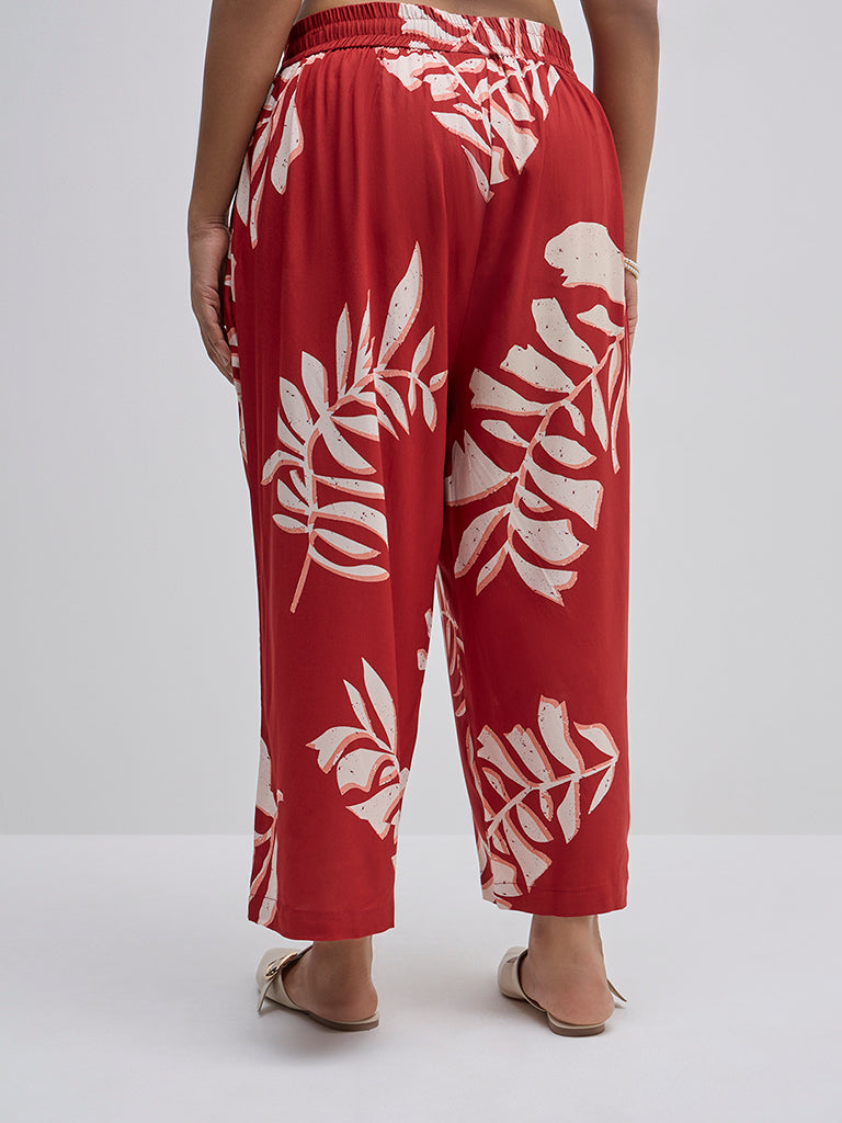 Diza Red Leaf Printed High-Rise Ethnic Pants