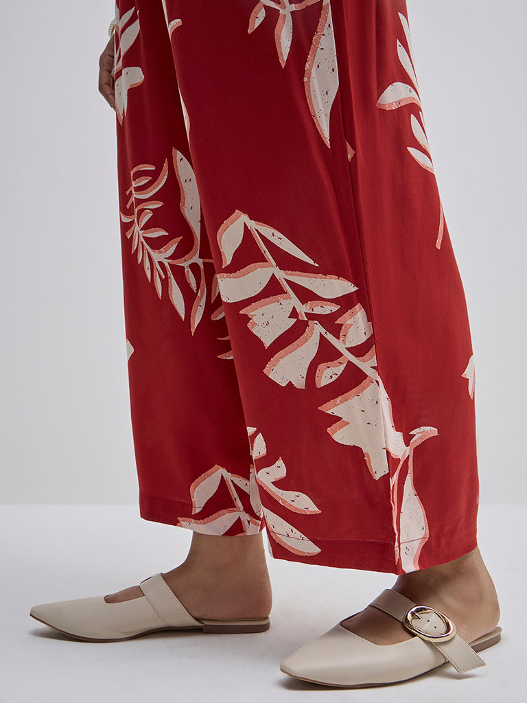 Diza Red Leaf Printed High-Rise Ethnic Pants