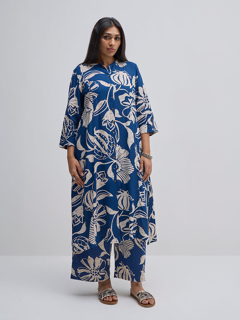 Diza Indigo Floral Design A-Line Kurta