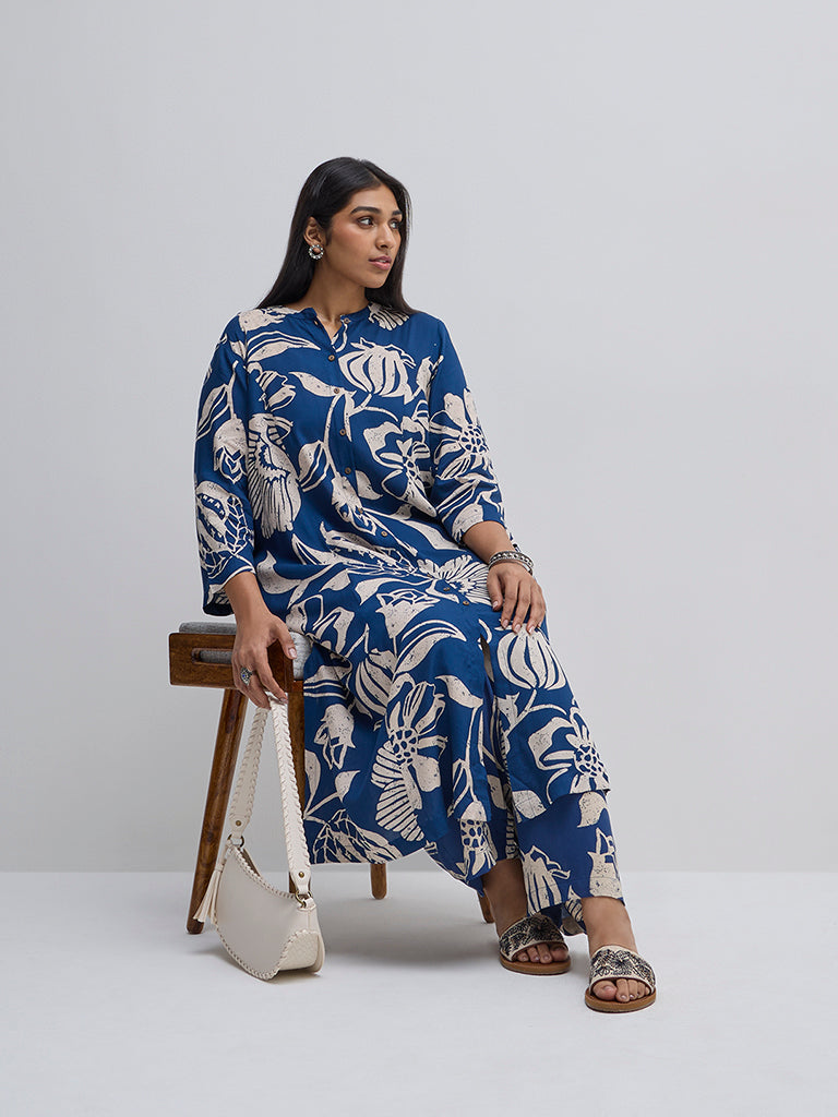 Diza Indigo Floral Design A-Line Kurta