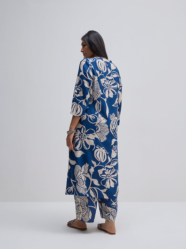 Diza Indigo Floral Design A-Line Kurta