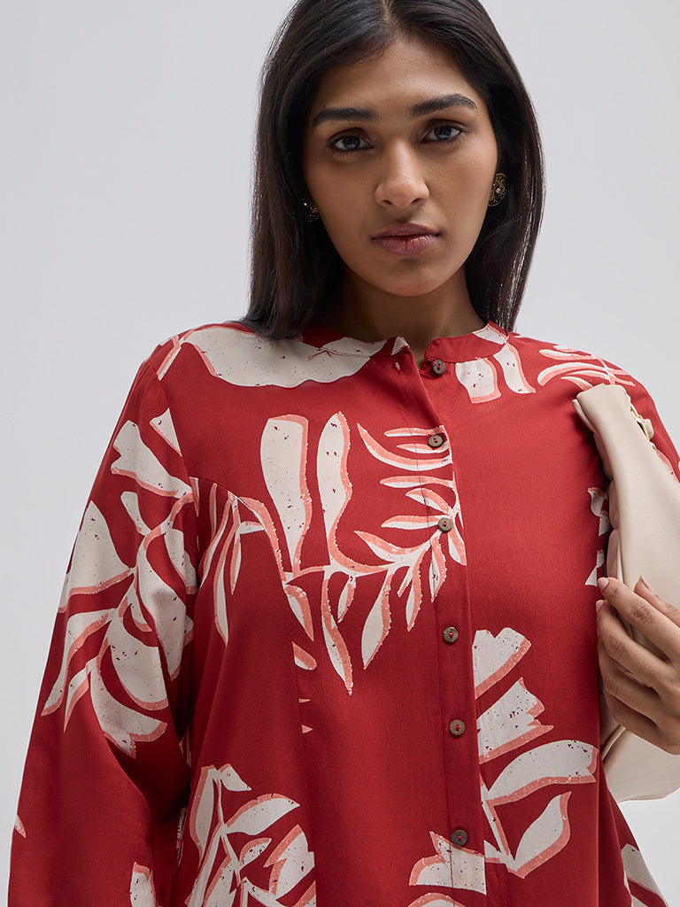 Diza Red Leaf Pattern A-Line Kurta