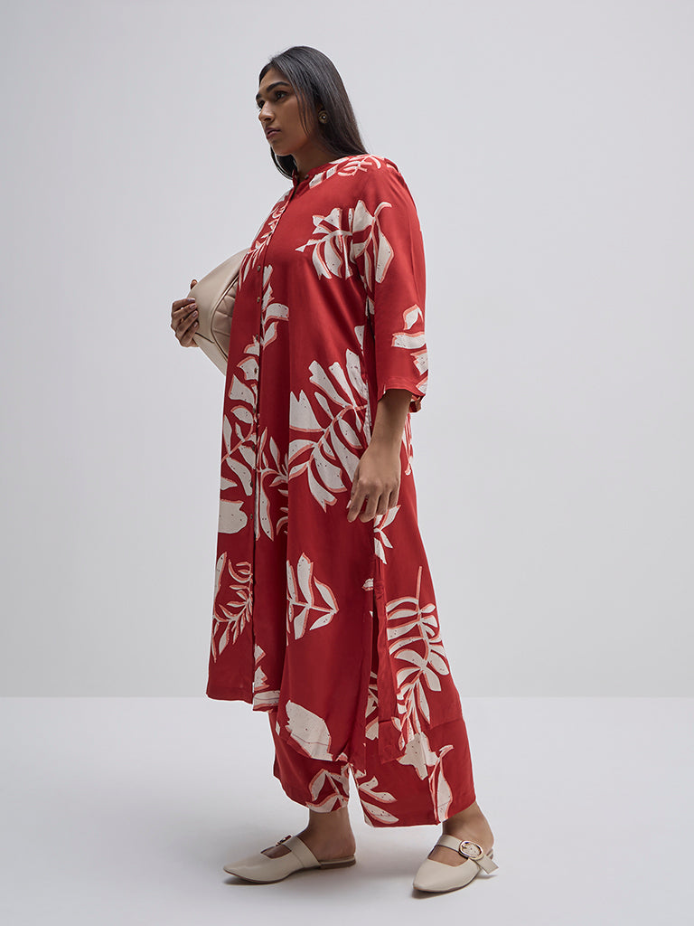 Diza Red Leaf Pattern A-Line Kurta