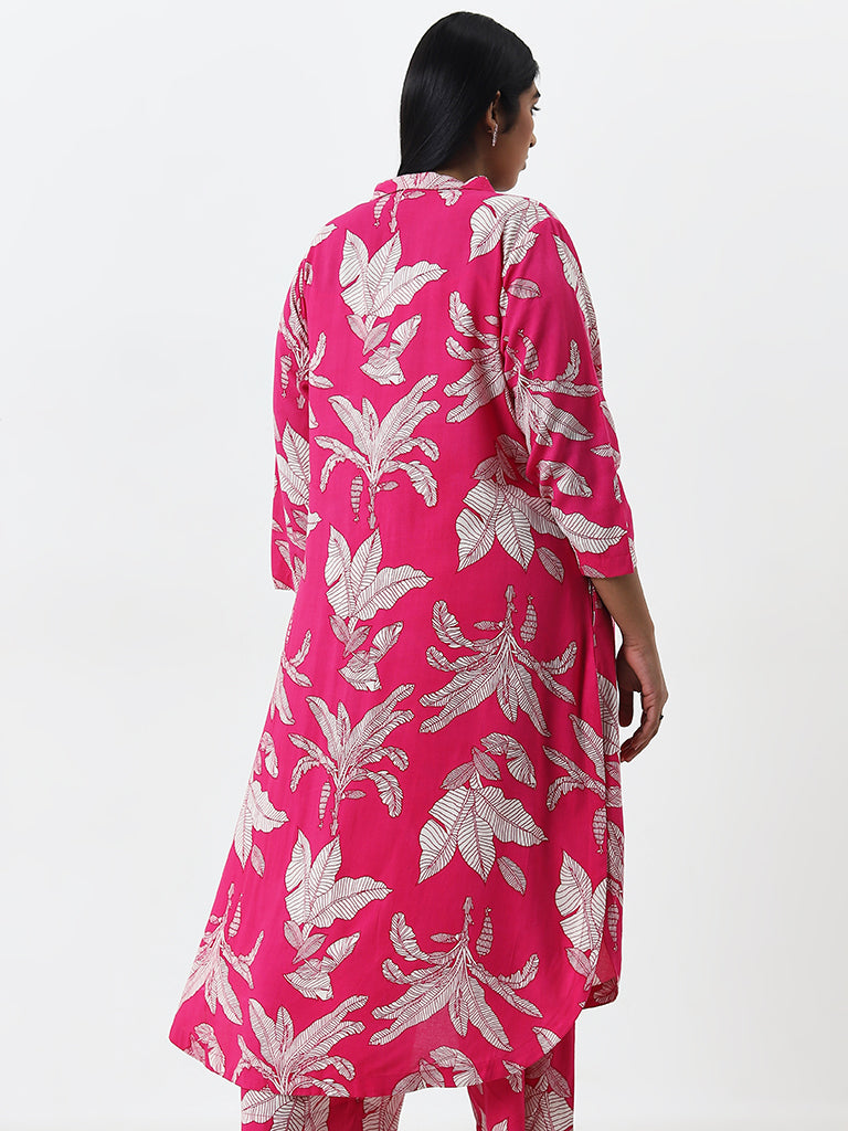 Diza Magenta Foliage Printed A-Line Cotton Kurta