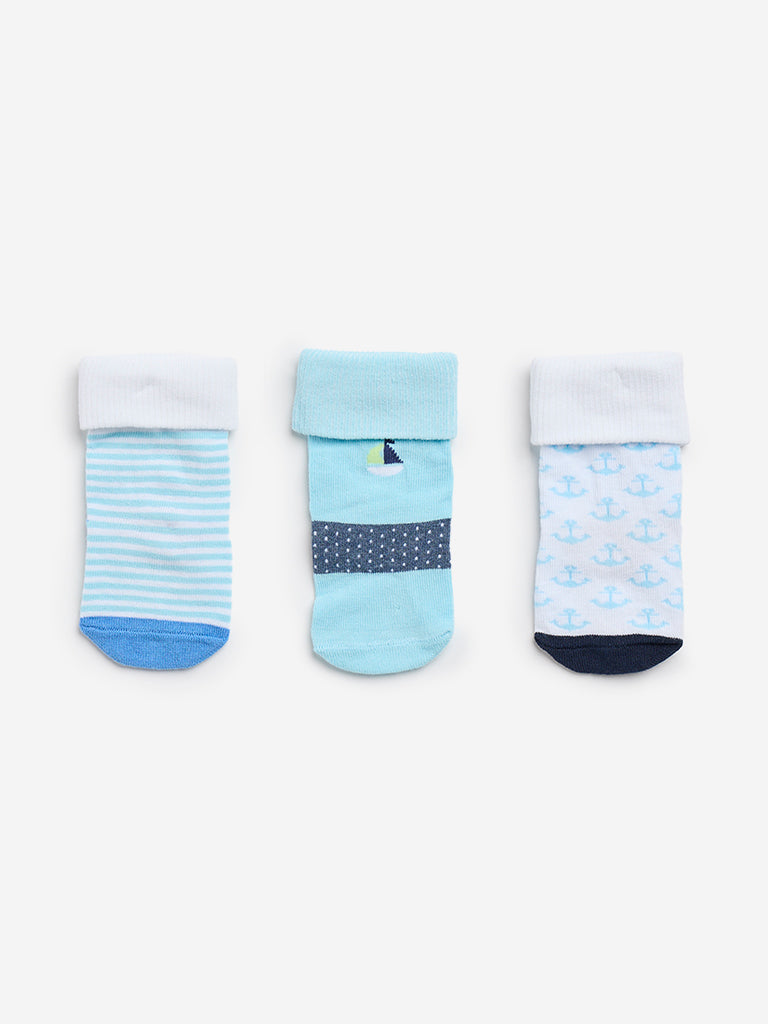 HOP Baby Aqua Printed Socks- Pack of 3