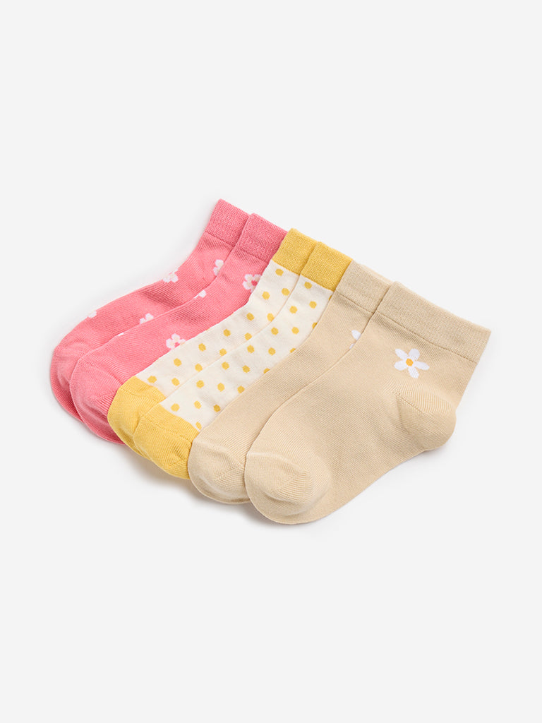 HOP Kids Yellow Printed Girls Socks- Pack of 3