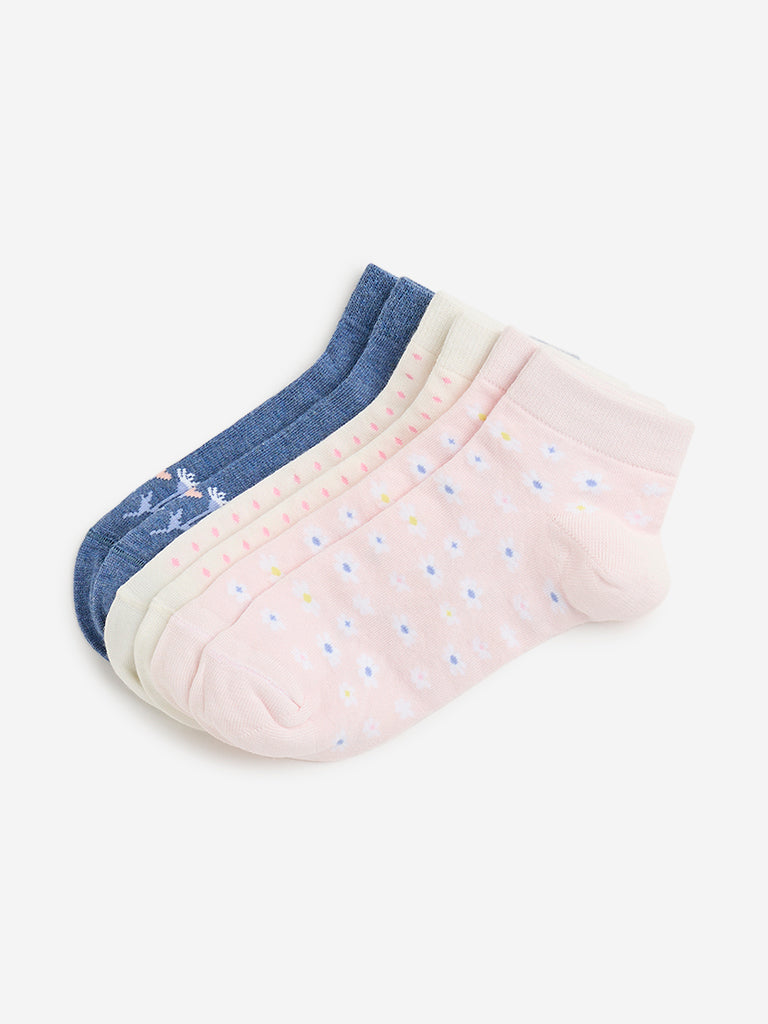 Y&F Kids Blue Printed Girl Socks - Pack of 3