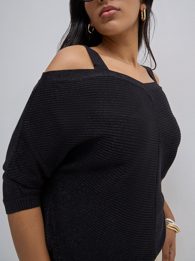 Gia Black Textured Cold-Shoulder Sweater