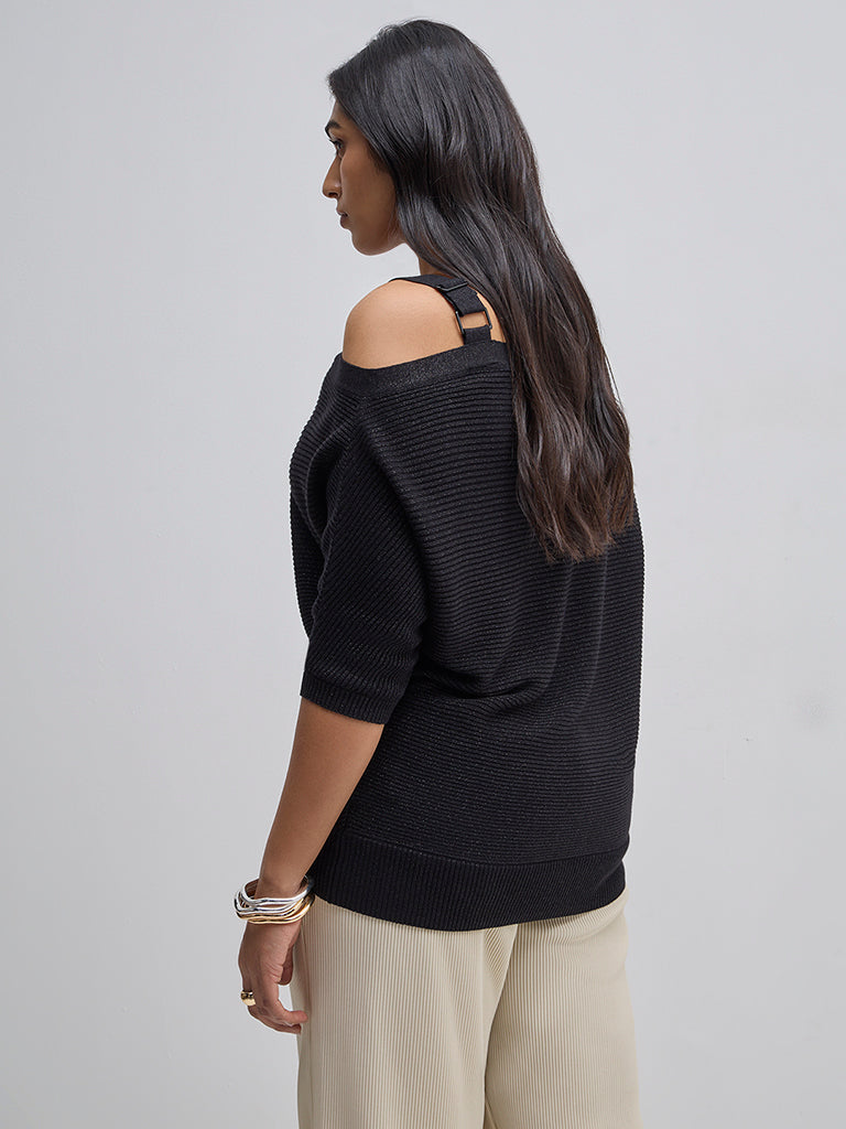 Gia Black Textured Cold-Shoulder Sweater