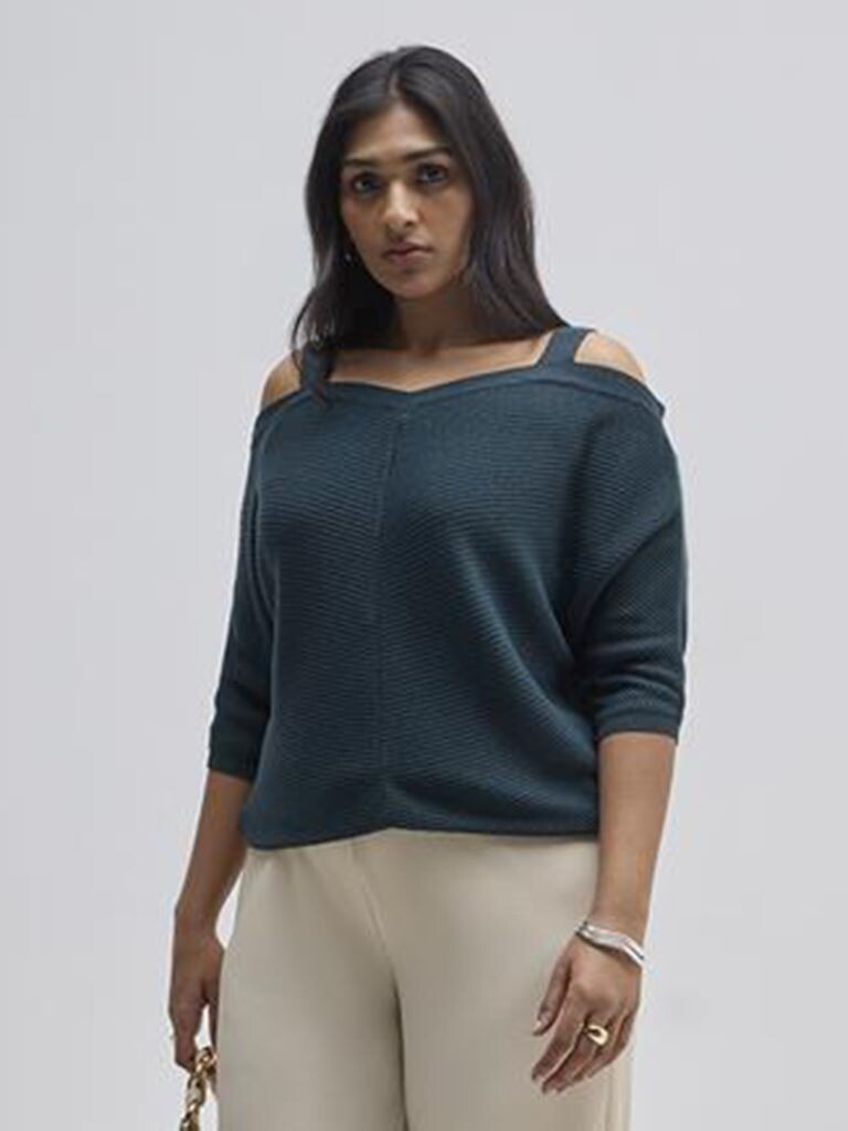 Gia Teal Textured Cold-Shoulder Cotton-Blend Sweater