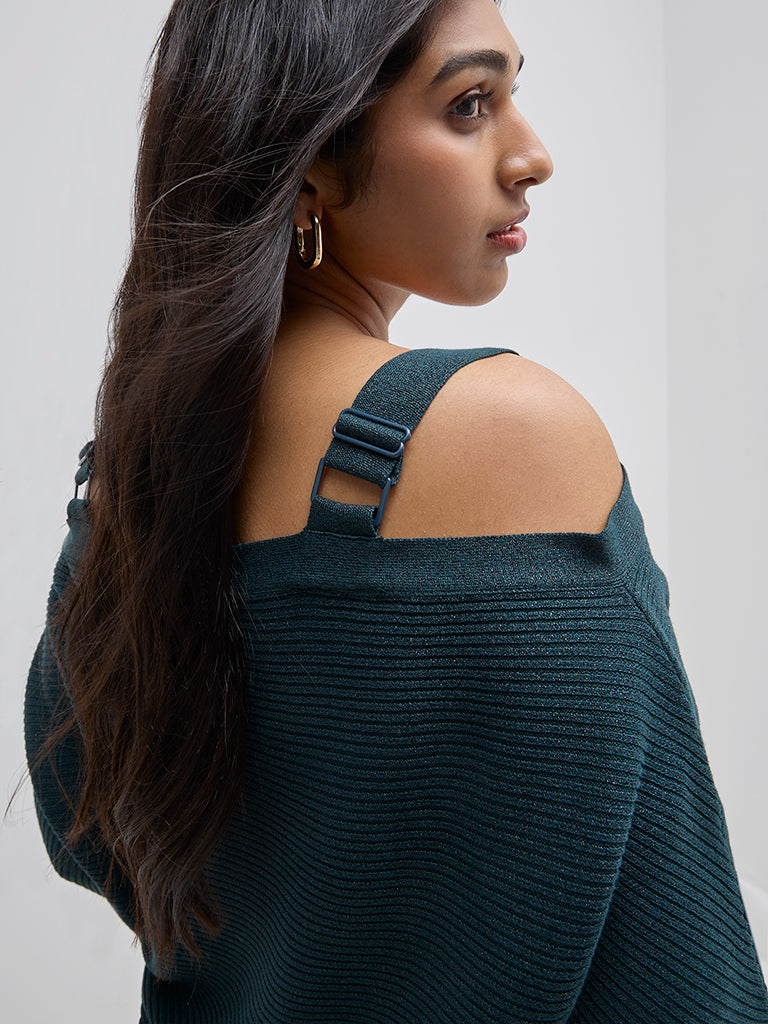 Gia Teal Textured Cold-Shoulder Sweater