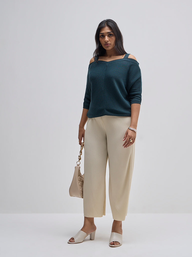 Gia Teal Textured Cold-Shoulder Sweater