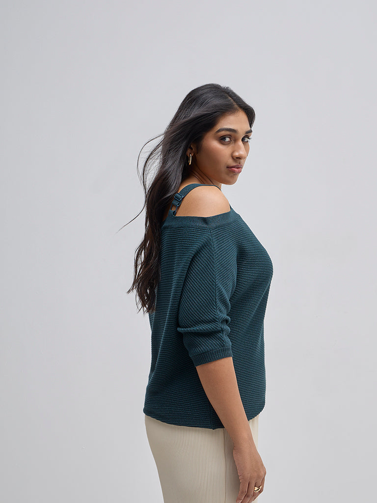 Gia Teal Textured Cold-Shoulder Sweater