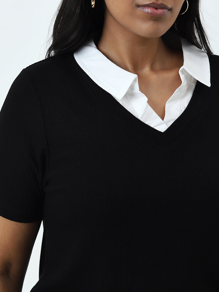 Gia Black Ribbed Textured T-Shirt