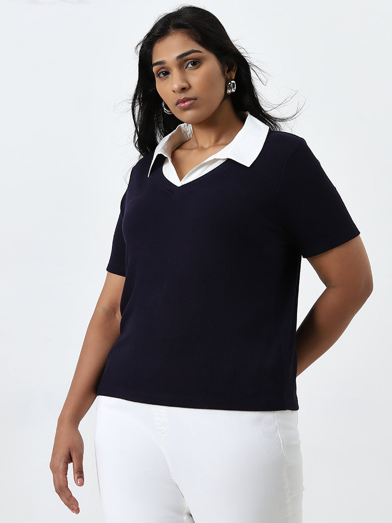 Gia Navy Ribbed Collared T-Shirt